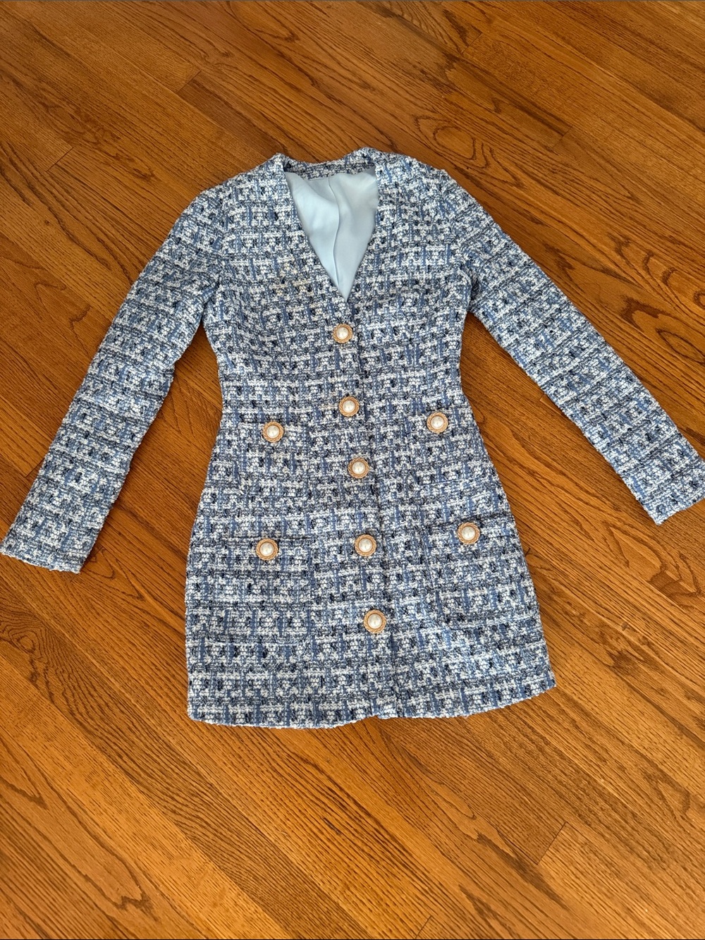 Atoir Blue and White Tweed Double-Breasted Dress Jacket